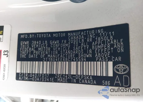 2011 Toyota Corolla S from USA, damaged, VIN 2T1BU4EE6BC745594